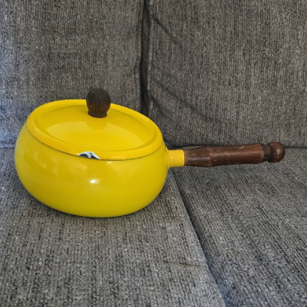 Yellow Enamel Saucepan with Wooden Handle